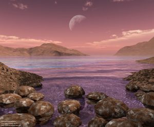 Dome-shaped stromatolites averaging three feet high and four feet wide populate the shallow shore of an ancient sea. A young Moon looms near the horizon possibly appearing much as it does today as the majority of its large-scale surface features were created about 800 million years prior to this scene. 3 billion years ago the first macro evidence of life on Earth may have appeared in the form of dome-shaped aggregations of microorganisms and associated sediments known as stromatolites. Cyanobacteria (AKA blue-green algae) were likely one of the primary contributors to these formations.  During the Archean Eon the Earth's atmosphere contained very little oxygen. Cyanobacteria employ photosynthesis to combine water, carbon dioxide, and sunlight to create their food, while the byproducts of this process are oxygen and calcium carbonate. Billions of years of photosynthetic processes by cyanobacteria other living organisms are likely the primary source of the oxygen we breathe today. They also provide the oxygen that forms the protective ozone layer, filtering the shorter wavelengths of ultraviolet light from the Sun that are harmful to most forms of life. Varieties of stromatolites still flourish to this day with well-known formations in parts of Australia, Brazil, and the Bahamas.